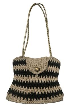 Beige and Black Crochet Shoulder Bag with Toggle Closure excellent preloved cond